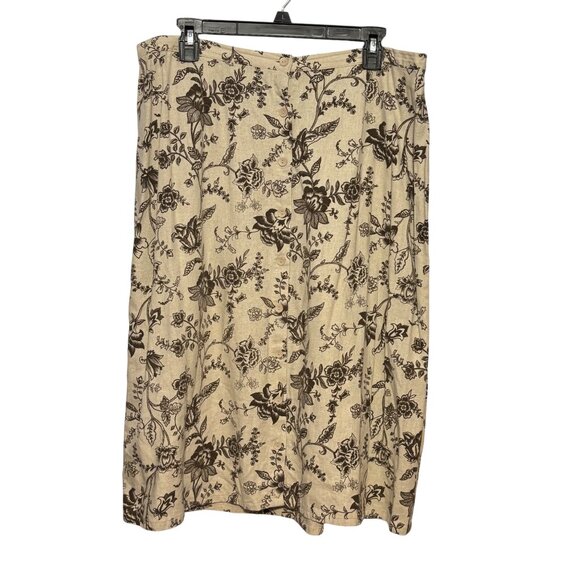 Dialogue Vintage-Inspired Beige & Brown Floral A-Line Skirt 20W Linen Blend - Picture 1 of 10